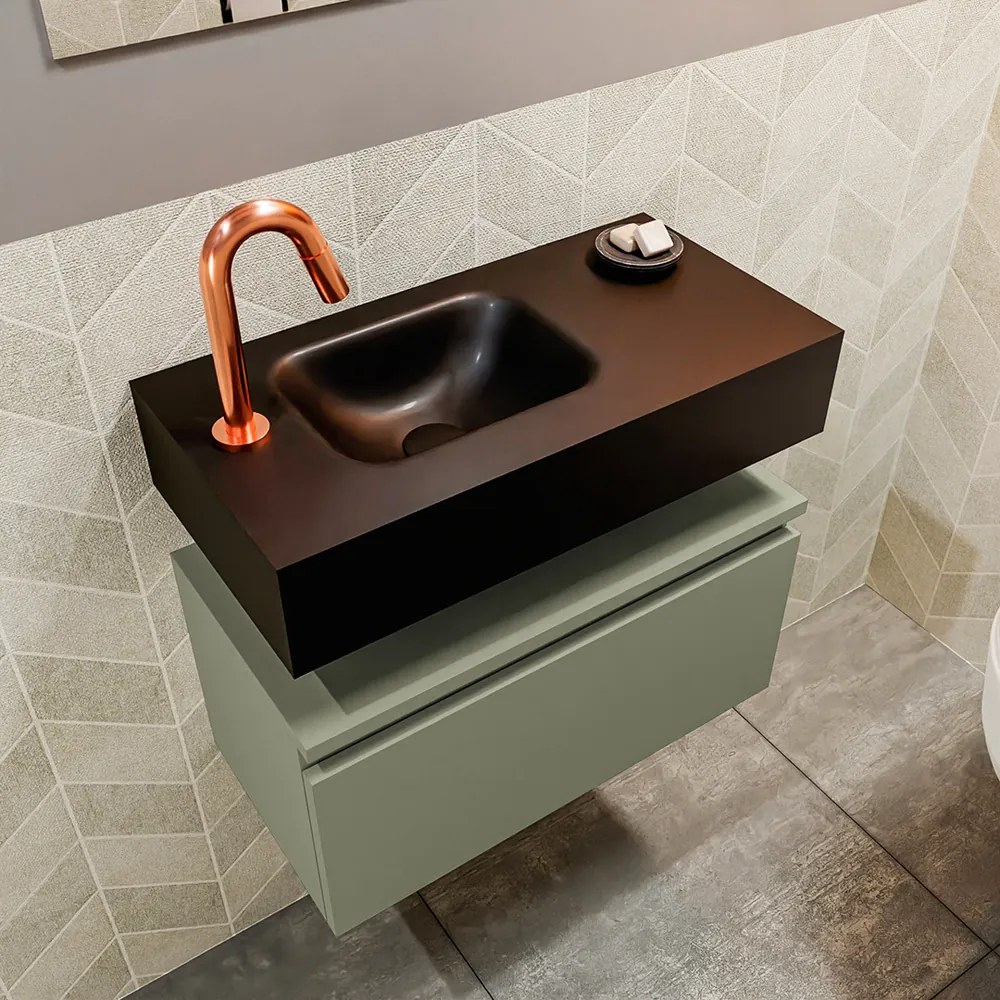 Mondiaz Andor toiletmeubel 60cm army met zwarte wastafel links met kraangat