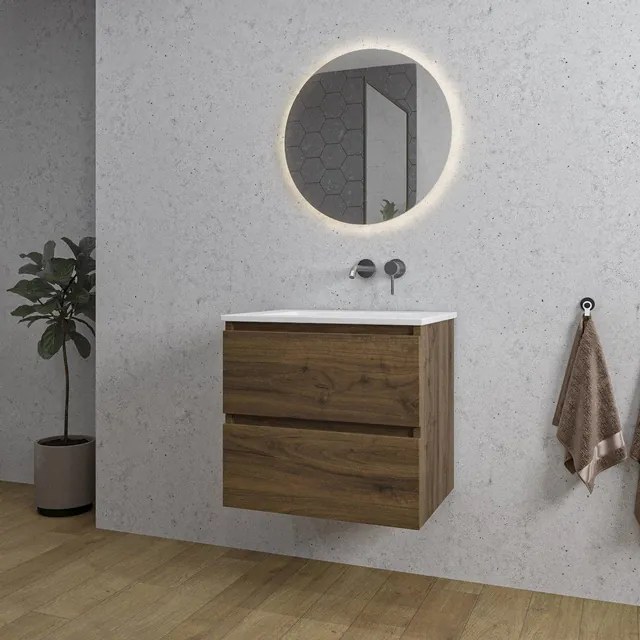 Adema Chaci Badkamermeubelset - 60x46x57cm - 1 keramische wasbak wit - zonder kraangaten - 2 lades - ronde spiegel met verlichting - noten (hout) SW1212758/SW773925/SW108325