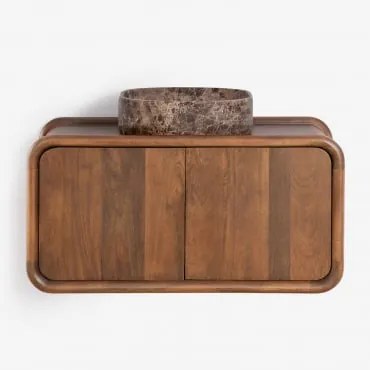 Muurhangende Badkamermeubelset 90x45 Cm Van Mangohout Maupaul Zonder Kraan & Donker Handvat Hout & Vierkant Bruin Marmer Met Aders 40x40 Cm Francesca