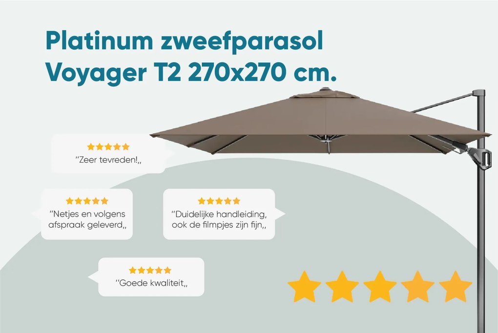 Platinum Voyager zweefparasol T2 2,7x2,7 m. - Light grey met Modena voet en hoes