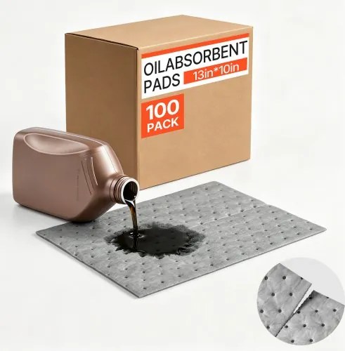 VEVOR 100 Olieabsorberende Pads 330x250mm, Universele Absorberende Matten voor Reiniging in Magazijnen, Werkplaatsen, Garages en Industriële Omgevingen, 3-laags Polypropyleen Structuur, Zeer Absorberend, Inclusief Doos