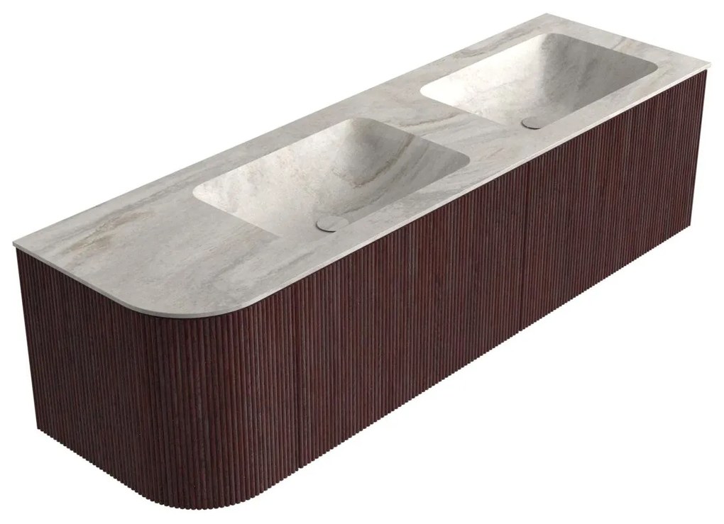 Mondiaz Kurve-dlux 155cm badmeubel ronding links ruby met 2 lades en 1 deur en wastafel leaf dubbel/rechts zonder kraangat ostra