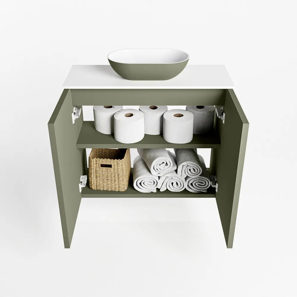 Mondiaz Fowy toiletmeubel 60cm army met legergroene waskom midden en kraangat