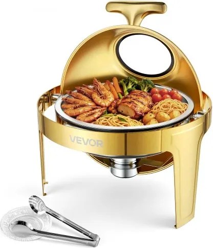 VEVOR Chafing Dish, 1 stuk, 5,7 liter, roestvrij staal, warmhoudschaal voor buffetten, bruiloften, feesten en banketten, ronde roldeksel voor eenvoudig bijvullen, inclusief serveertang, voedselcontainer en waterbakje.