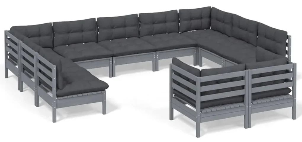 vidaXL 11-delige Loungeset met kussens massief grenenhout grijs