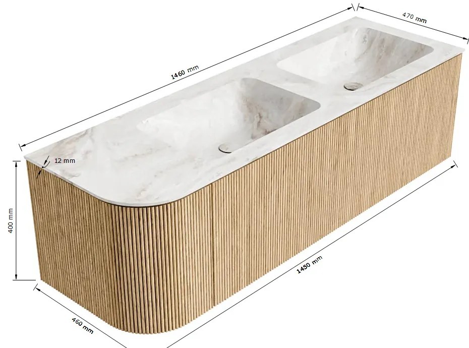 Mondiaz Kurve-dlux 145cm badmeubel ronding links ruby met 1 lade en deur en wastafel leaf dubbel/rechts 2 kraangaten opalo