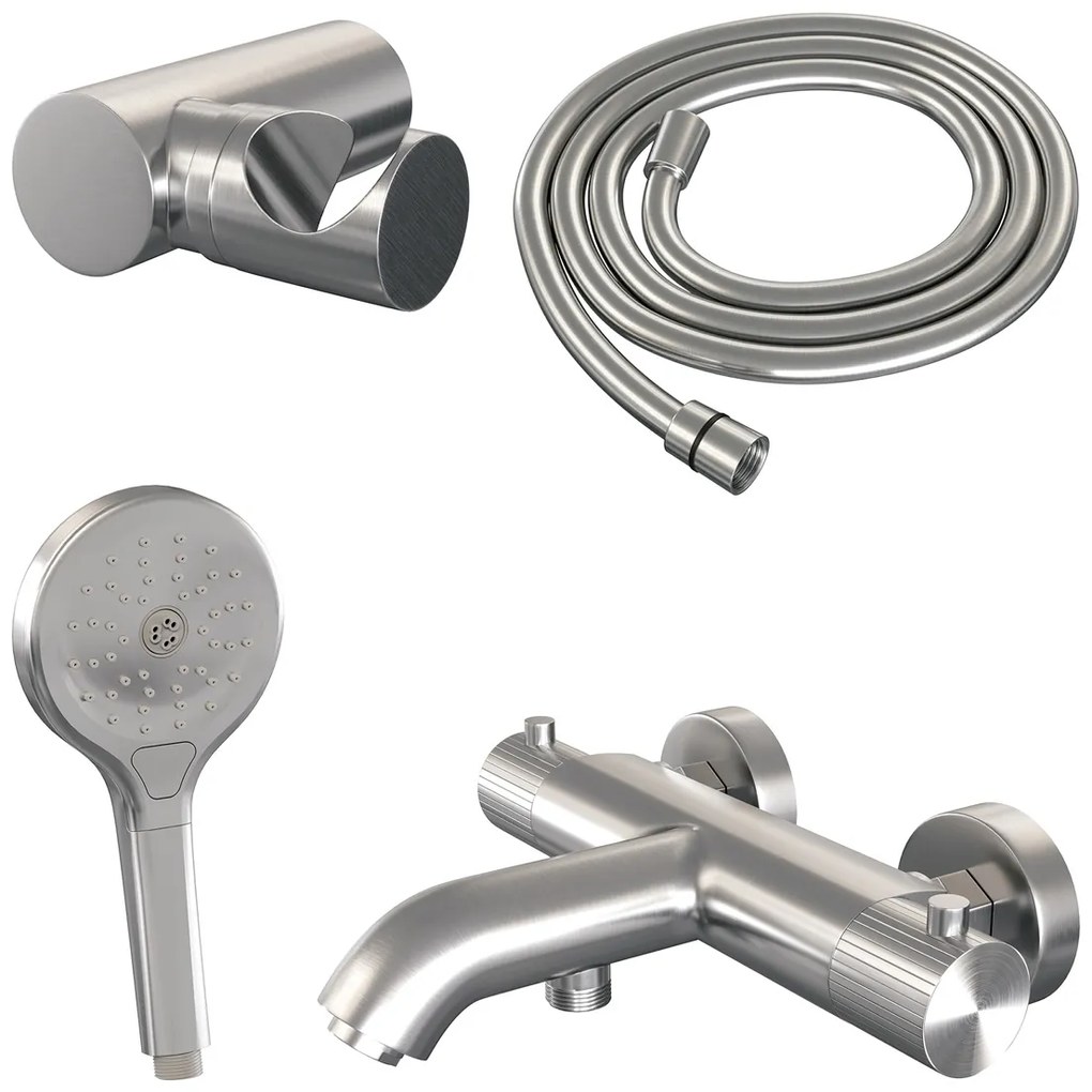 Brauer Stripe thermostatische badkraan met wandhouder en 3 standen handdouche RVS geborsteld PVD