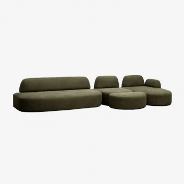 Rechtsmodulaire Chaise Longue Bank Van 3 Delen Met Hoekmodule En Gestoffeerde Poef Giorgia Stof Leger Groen - Sklum