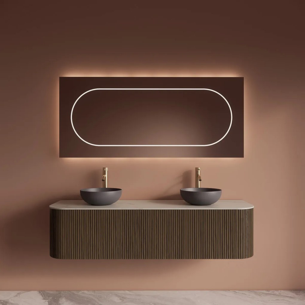 Gliss Design Alluro badmeubel ribbelfront met ronding links/rechts 160cm ash grey en wit marmer toppaneel