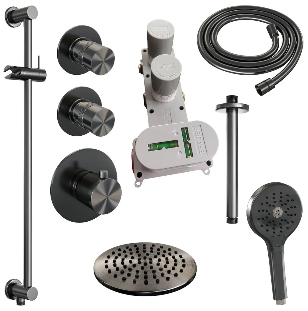 Brauer Gunmetal Edition complete inbouw regendouche met 3 standen handdouche, plafondarm, glijstang en hoofddouche 20cm set 23 gunmetal geborsteld PVD