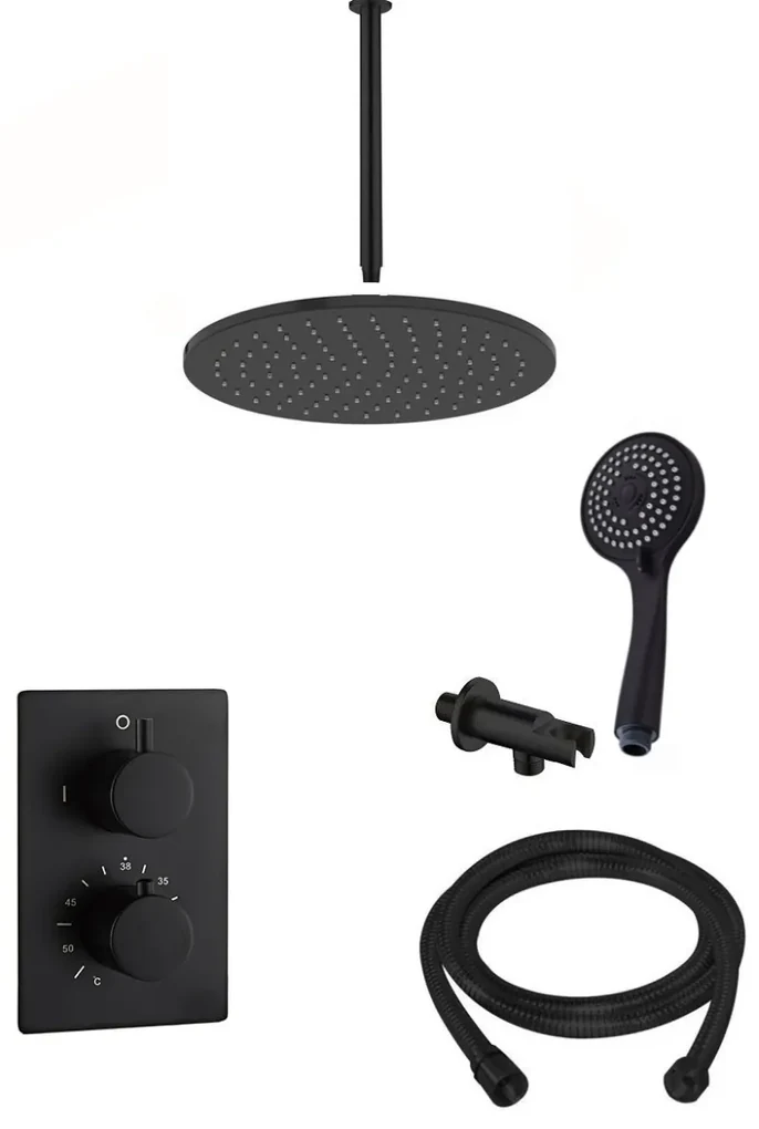 Saniclear Nero inbouw regendouche mat zwart met plafond arm, 30cm hoofddouche en 3 standen handdouche
