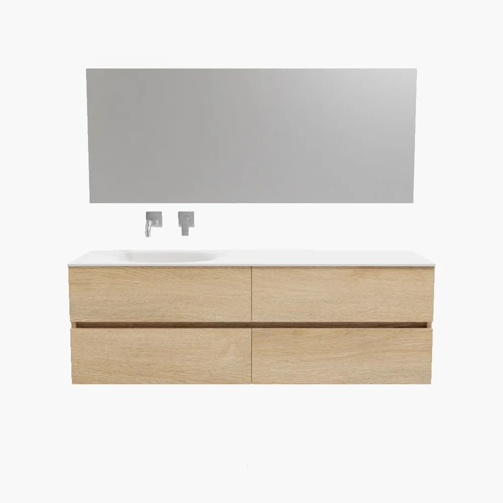 Zaro Sevilla Solid Surface badmeubel 150cm licht eiken zonder kraangat spoelbak links met 4 lades