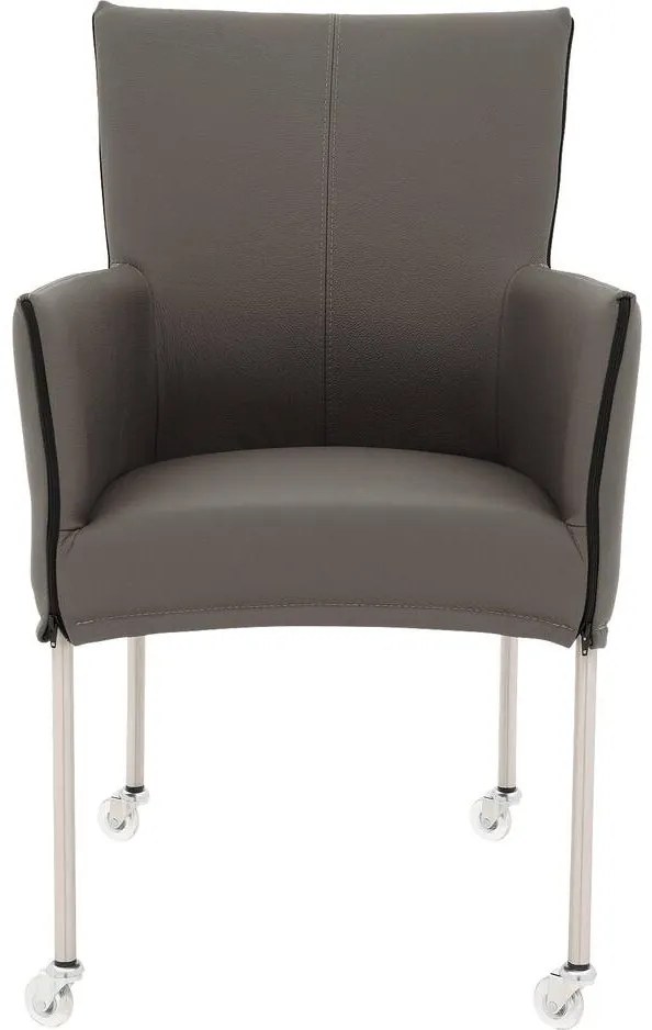 Goossens Eetkamerstoel Funk RVS Poten grijs leer met armleuning en Transparant skater wiel met rvs kapmet wielen, modern design