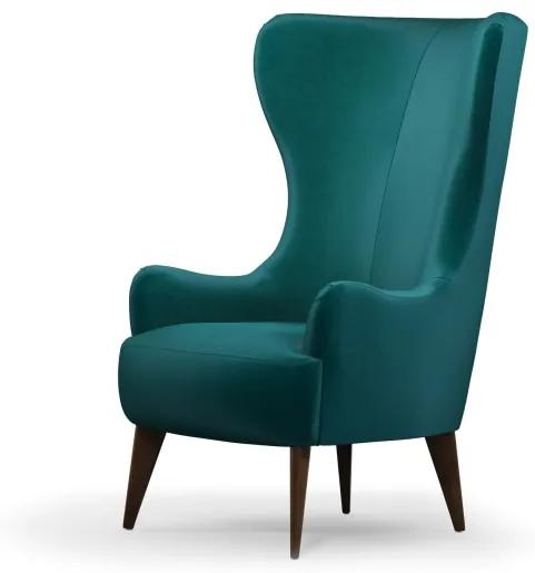 Custom MADE Bodil fauteuil, Toscaans turkooisblauw fluweel met donkere houten poten