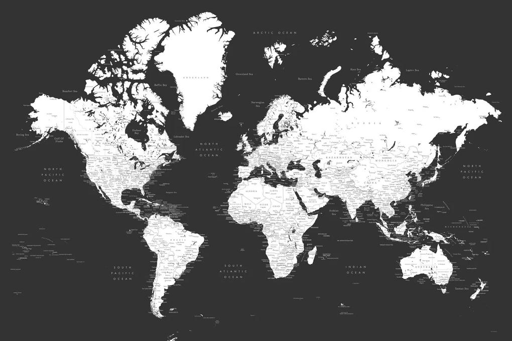 Kaart Black and white detailed world map with cities, Milo, Blursbyai, (40 x 26.7 cm)