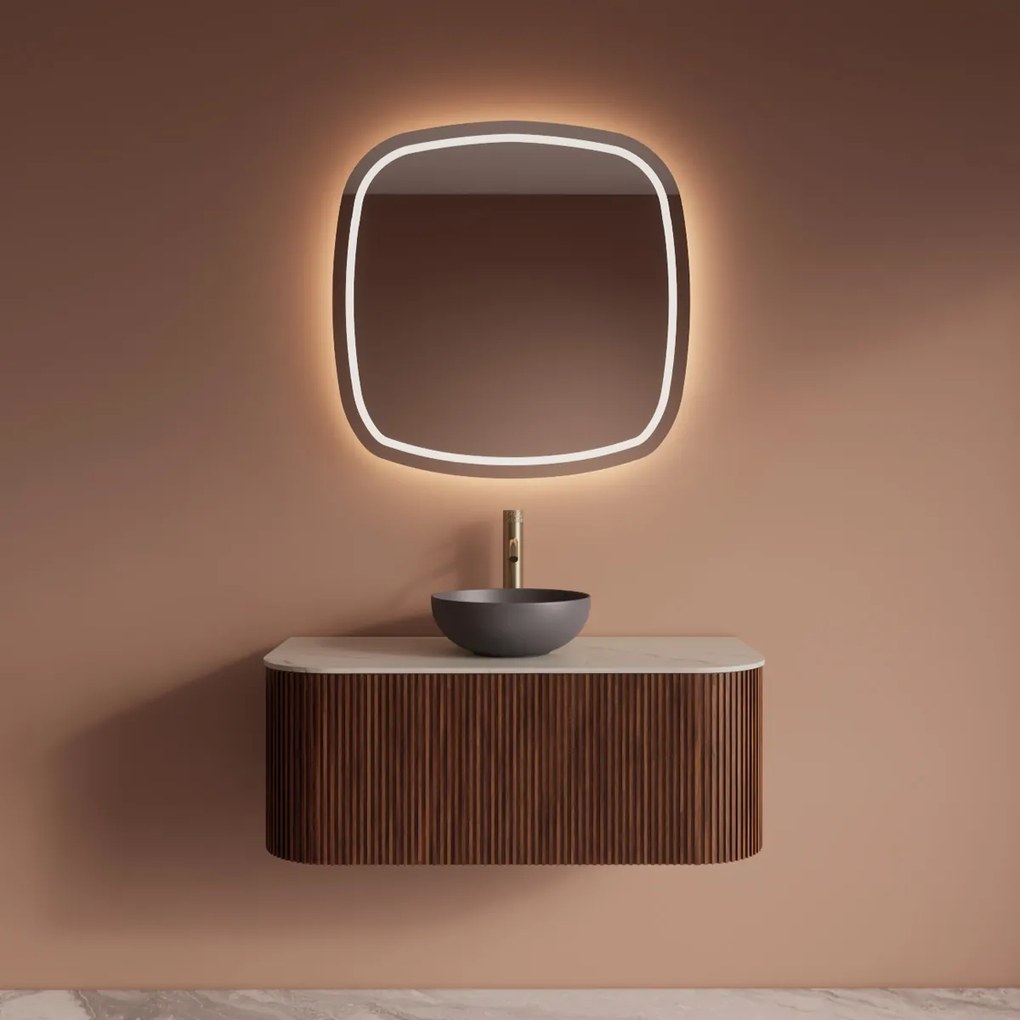 Gliss Design Alluro badmeubel ribbelfront met ronding links/rechts 100cm walnut en wit marmer toppaneel