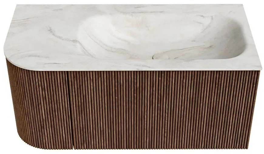 Mondiaz Kurve-dlux 95cm badmeubel ronding links walnut met 1 lade en deur en wastafel big small rechts zonder kraangat ostra