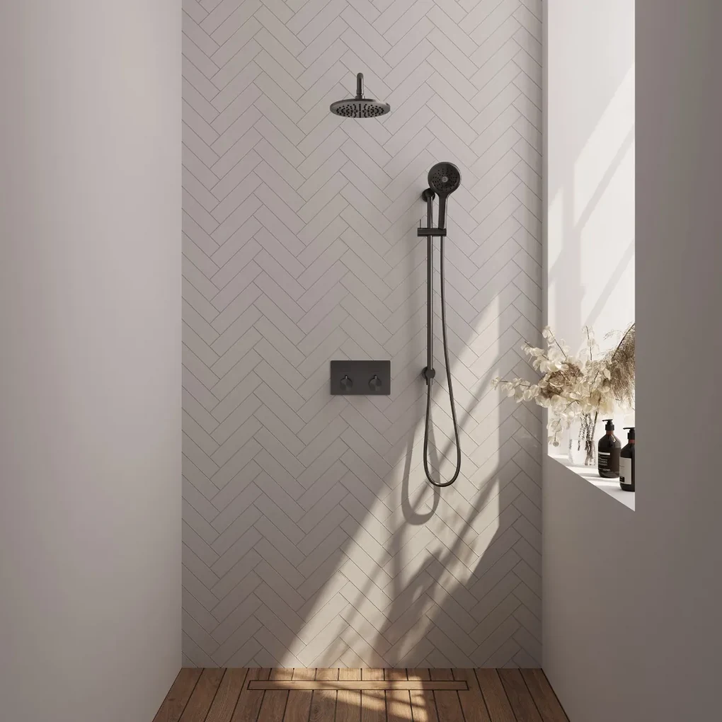 Brauer Gunmetal Edition thermostatische inbouw regendouche met 3 standen handdouche, gebogen muurarm, glijstang en hoofddouche 20cm set 69 gunmetal geborsteld PVD