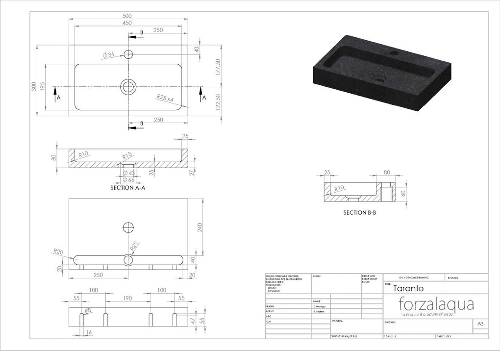 Forzalaqua Taranto wastafel 50x30cm met kraangat travertin