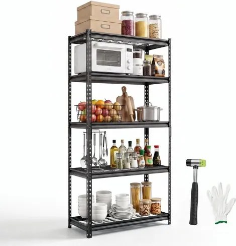 VEVOR 5-laags draadgaasstelling, 923x415x1813mm, 907kg totaal draagvermogen, gaasstelling voor magazijn, garage, kelder en woning, stalen constructie, in hoogte verstelbare schappen, draadgaaspanelen, zwart