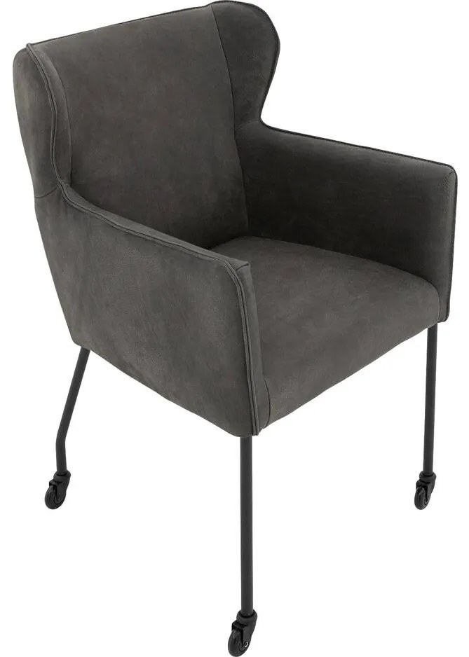 Goossens Excellent Eetkamerstoel Leogang zwart leer met armleuning en Zwart skater wiel met zwarte kapmet wielen, elegant chic