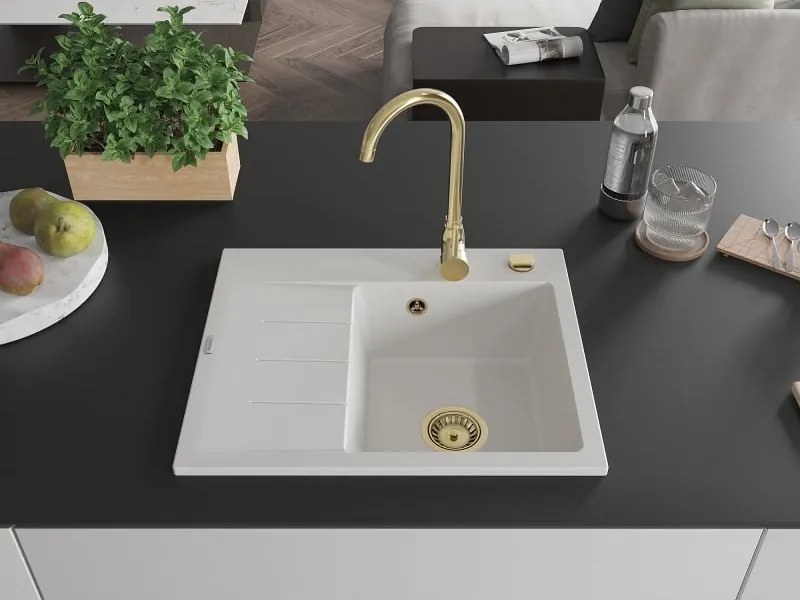 Mexen Ben granitische spoelbak met 1 bak en afdruiprek, rechts 600 x 500 mm, wit, gouden sifon - 6523605000-20-G