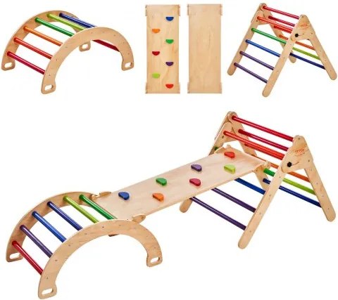 VEVOR Pikler Triangle Set, 5-in-1 klimtoestel voor peuters, binnenspeeltuin, Montessori klimset met driehoek, helling en boog, groot houten klimrek voor peuters van 1-3 jaar, kleurrijk