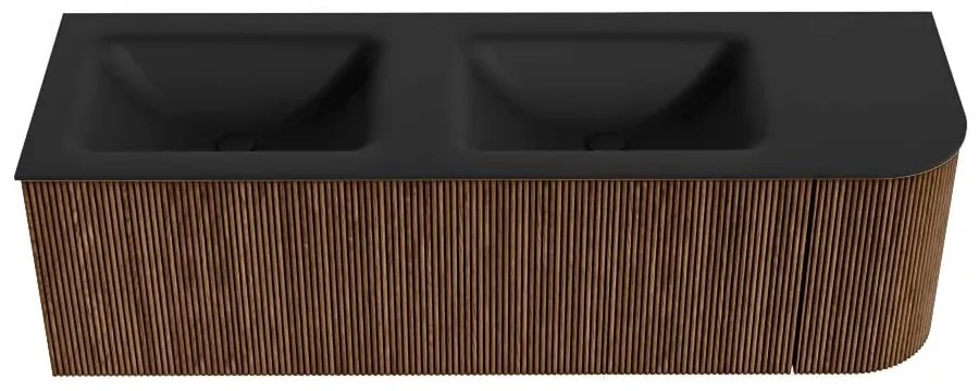 Mondiaz Kurve 145cm badmeubel ronding rechts walnut met 1 lade en deur en wastafel cloud dubbel/links zonder kraangat urban