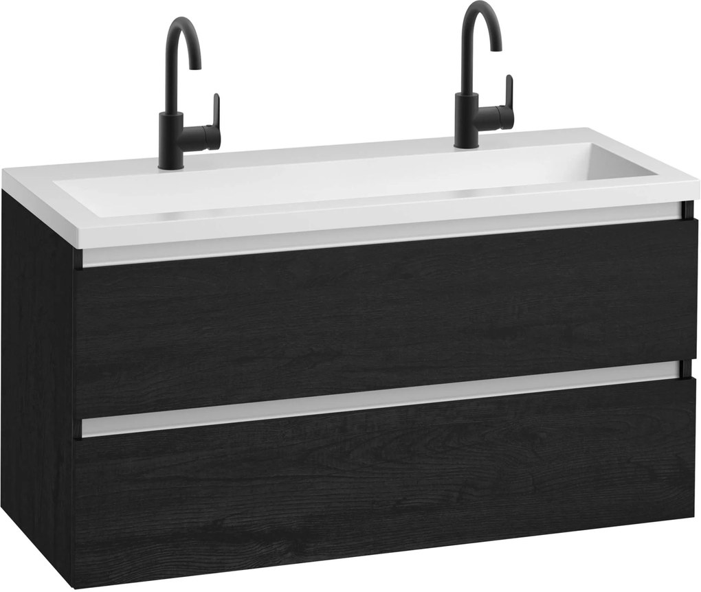 Saqu Gaia badmeubel incl. mat witte wastafel met 2 kraangaten 120x52x64cm eiken zwart – aluminium greeplijst