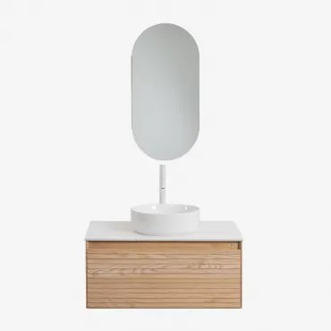 Tedrik Zwevend Badkamermeubelset Van Essenhout Ash Brown & Rond Keramiek Wit Ø40 Cm Lenka & Ovaal Met Opbergruimte 45x90 Cm Abner & Wit - Sklum