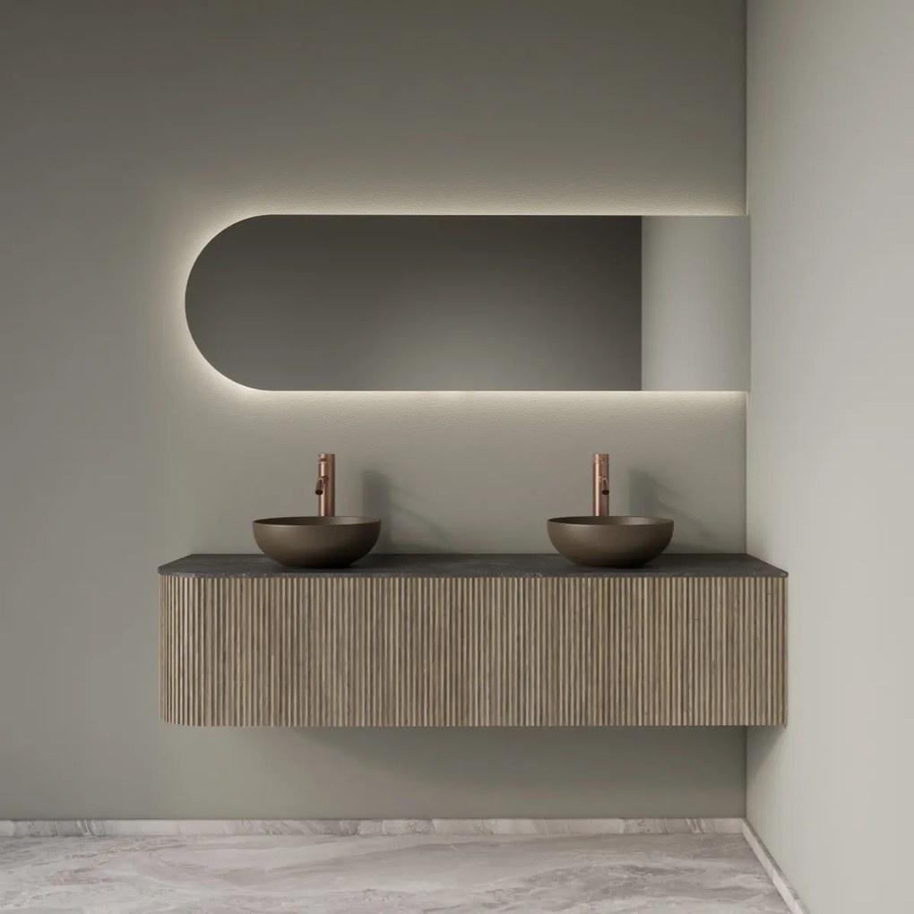 Gliss Design Alluro badmeubel ribbelfront met ronding links 160cm corn silk en zwart leisteen toppaneel
