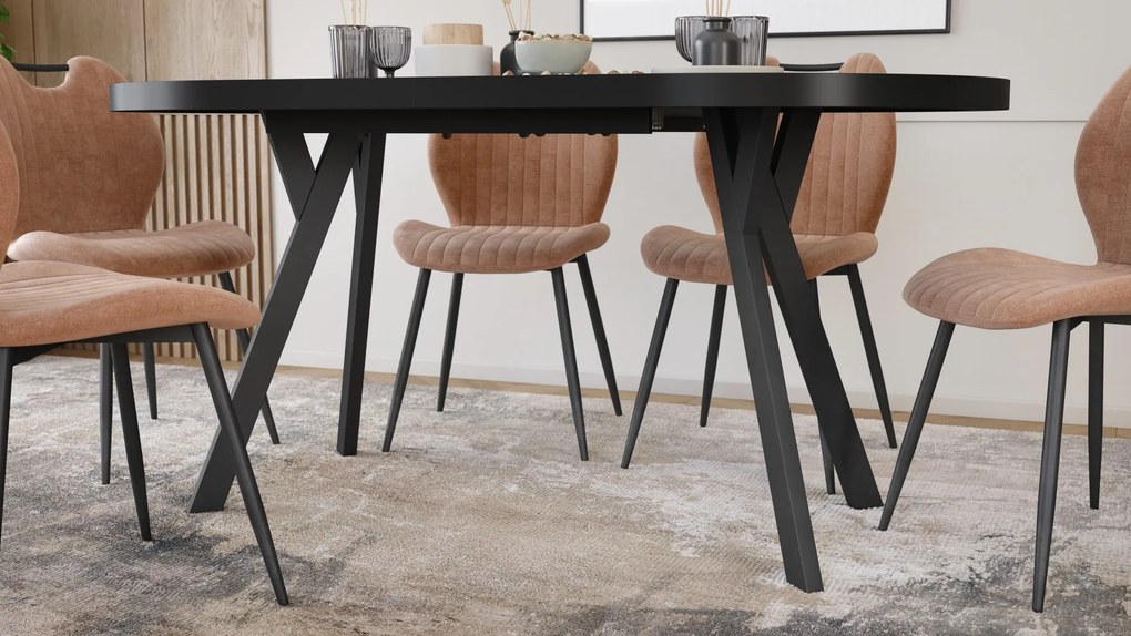 Mazzoni EXPANSO Zwart mat / zwarte poten - OVALE UITSCHUIFTAFEL 160-360 cm VOOR 16-18 PERSONEN