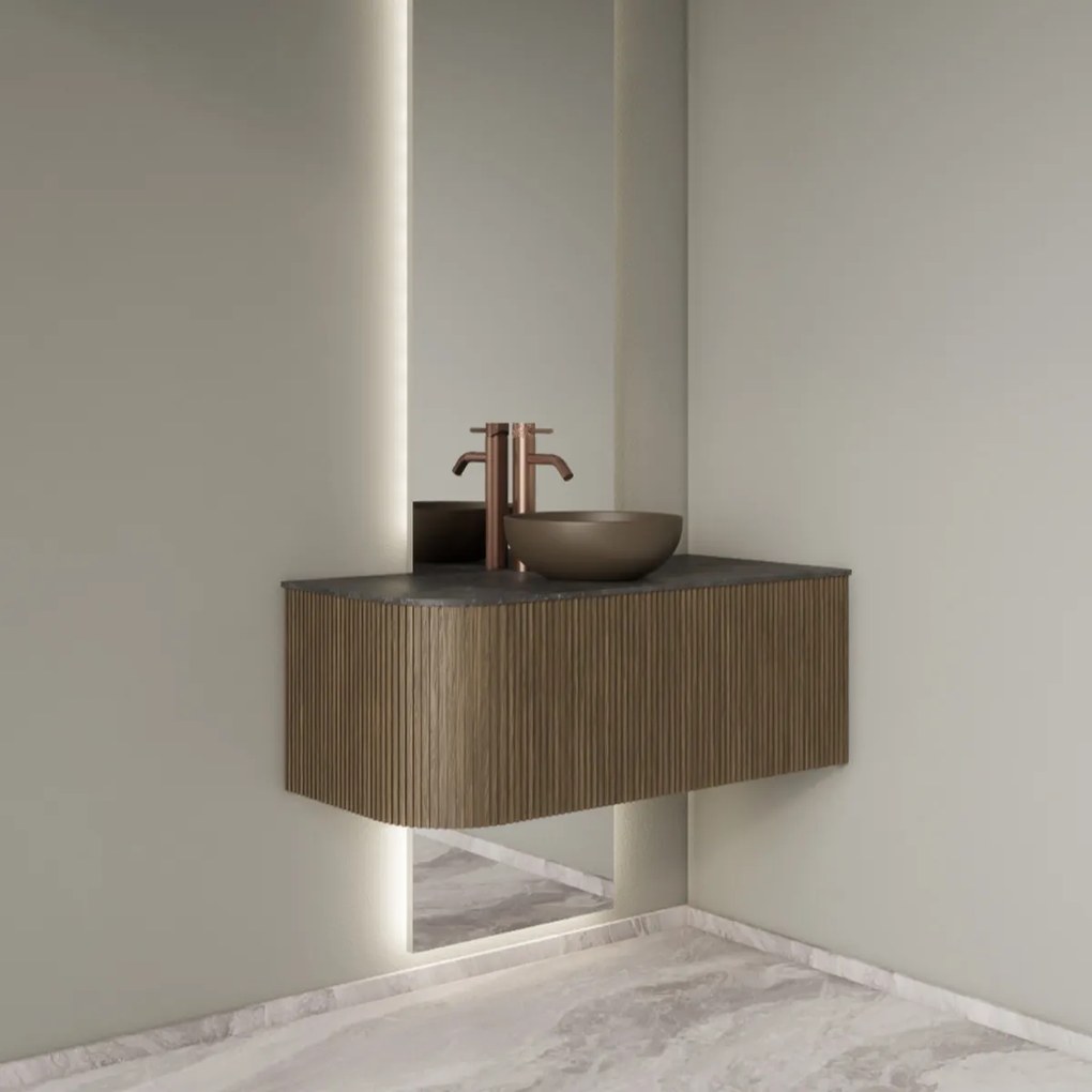 Gliss Design Alluro badmeubel ribbelfront met ronding links 100cm ash grey en zwart leisteen toppaneel
