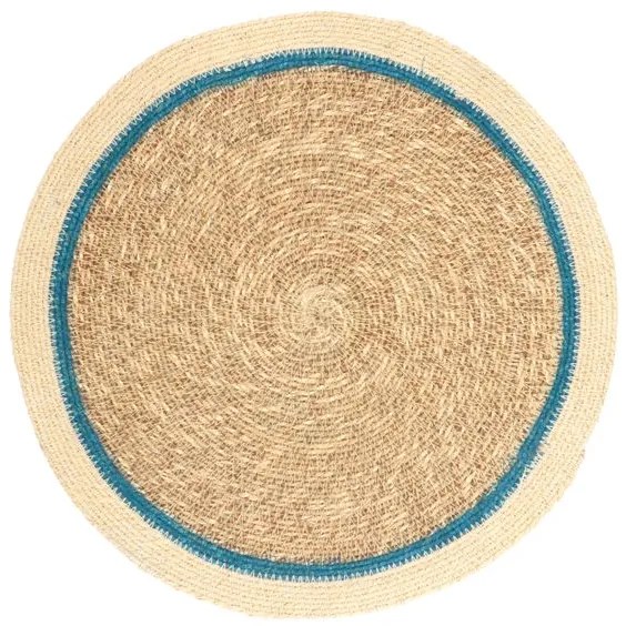 Placemat naturel, zeegras, blauwe rand,Ø38 cm