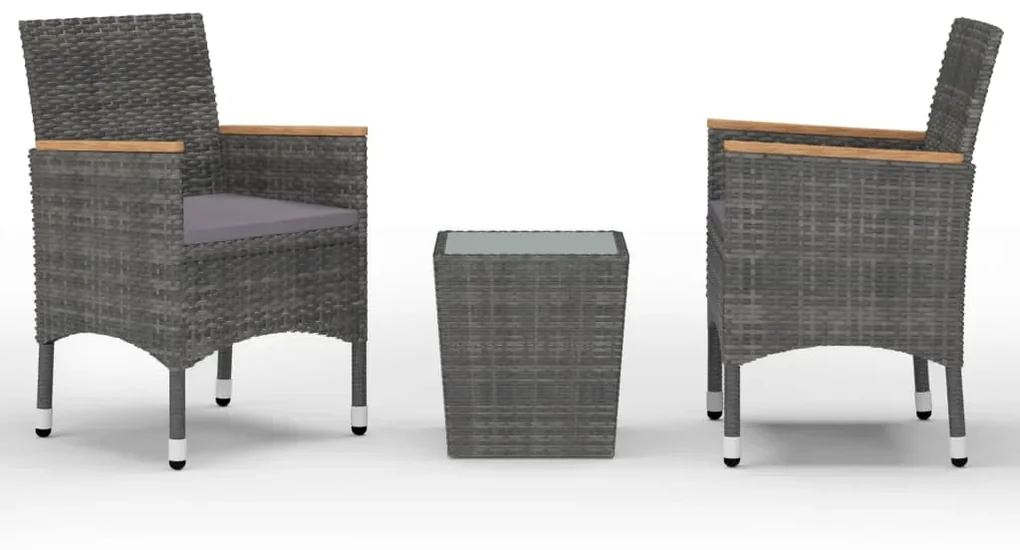 vidaXL 3-delige Bistroset poly rattan en gehard glas grijs