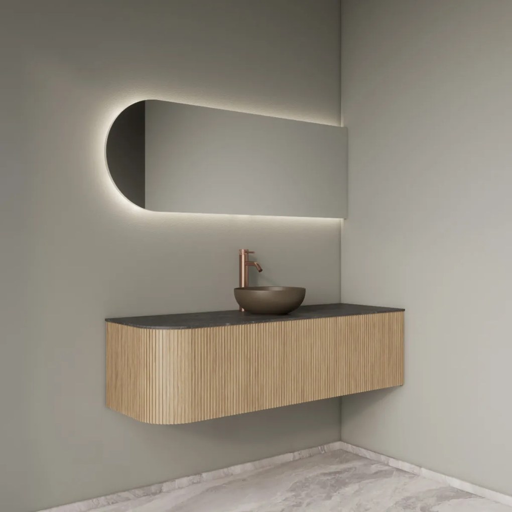 Gliss Design Alluro badmeubel ribbelfront met ronding links 140cm mist en zwart leisteen toppaneel