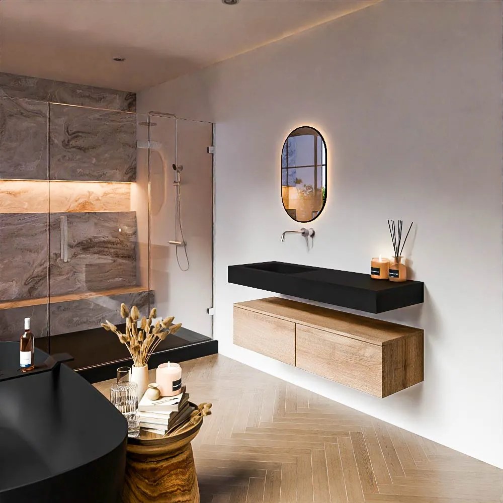 Zaro Alan badmeubel 130cm washed oak 2 lades met vrijhangende wastafel cloud links zonder kraangat urban