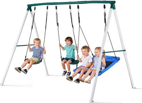 VEVOR tuinschommel met A-vormig metalen frame en twee veiligheidsgordels, schommelzitje (110 x 80 cm), draagvermogen tot 318 kg, buitenschommelset, verstevigd met spiraalvormige grondankers.