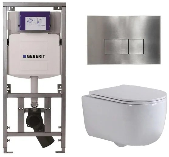 QeramiQ Dely Swirl Toiletset - 36.3x51.7cm - Geberit UP320 inbouwreservoir - met Burda frame - slim zitting - steel bedieningsplaat - rechthoekige knoppen - wit glans 0701131/SW706195/SW1000766/SW1026256