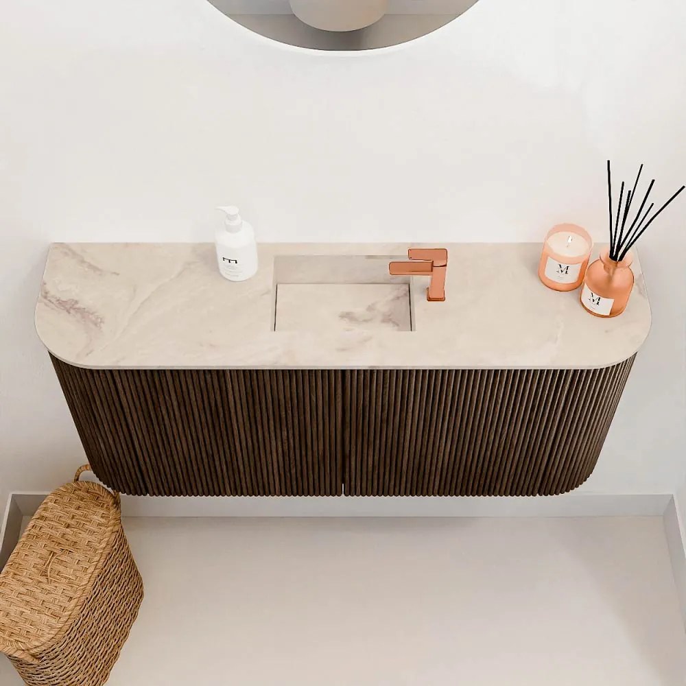 Mondiaz Joya DLux 95cm toiletmeubel ronding links/rechts walnut met wastafel faye midden 1 kraangat frappe