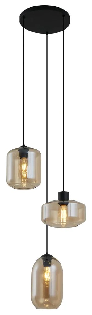 Moderne hanglamp zwart met amber glas 3-lichts - Sheena
