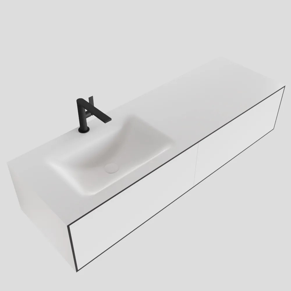 Zaro Lagom volledig naadloos solid surface onderkast 140cm mat zwart met 2 lades Push tot open. Compleet met solid surface wastafel met 1 kraangat(en)