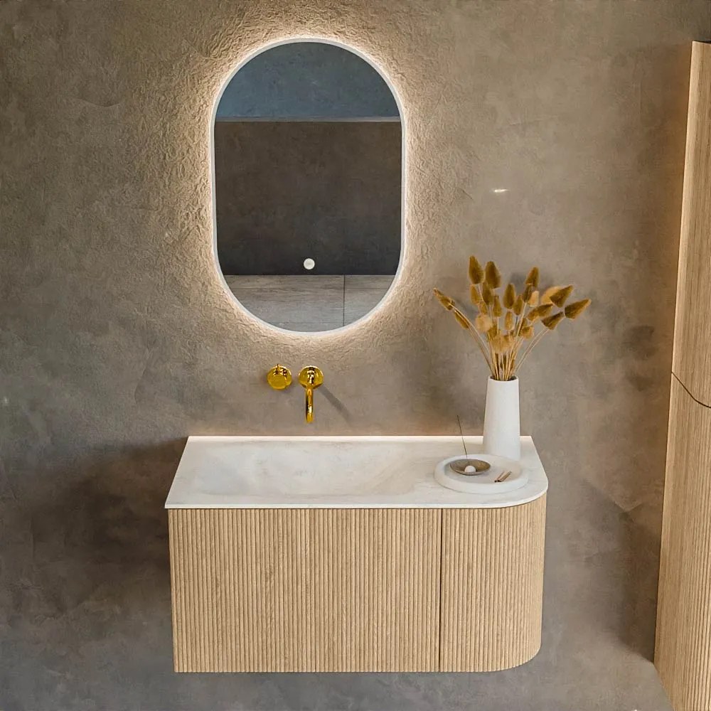 Mondiaz Kurve-dlux 85cm badmeubel ronding rechts oak met 1 lade en deur en wastafel cloud links zonder kraangat opalo
