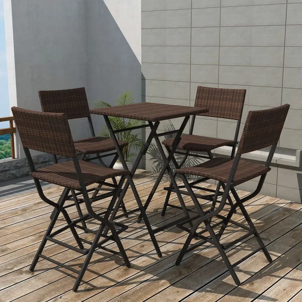 vidaXL 5-delige Tuinset inklapbaar staal poly rattan bruin