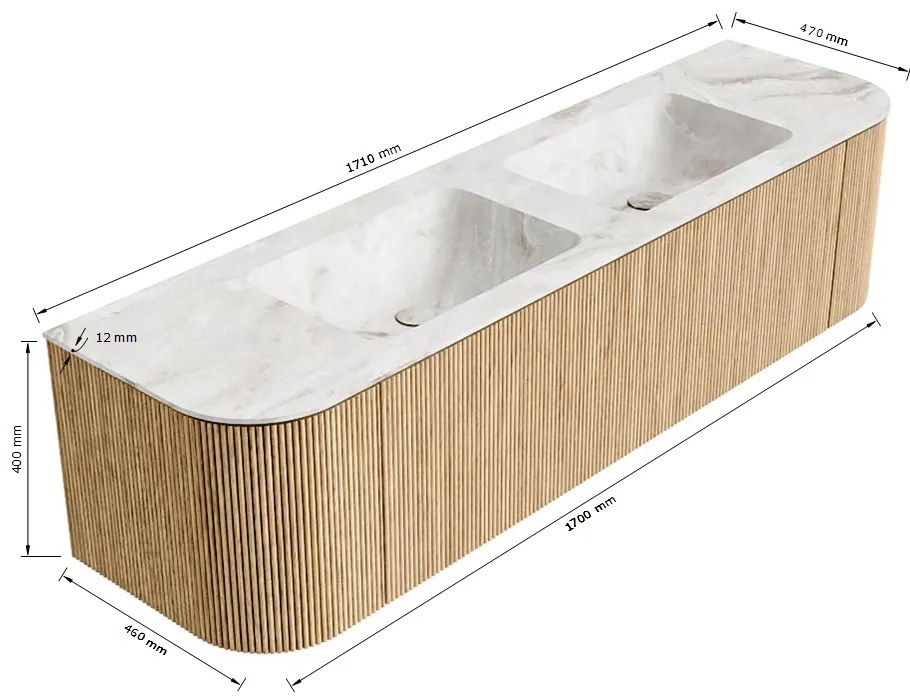 Mondiaz Kurve-dlux 170cm badmeubel ronding links/rechts oak met 1 lade en 2 deuren en wastafel leaf dubbel 2 kraangaten opalo