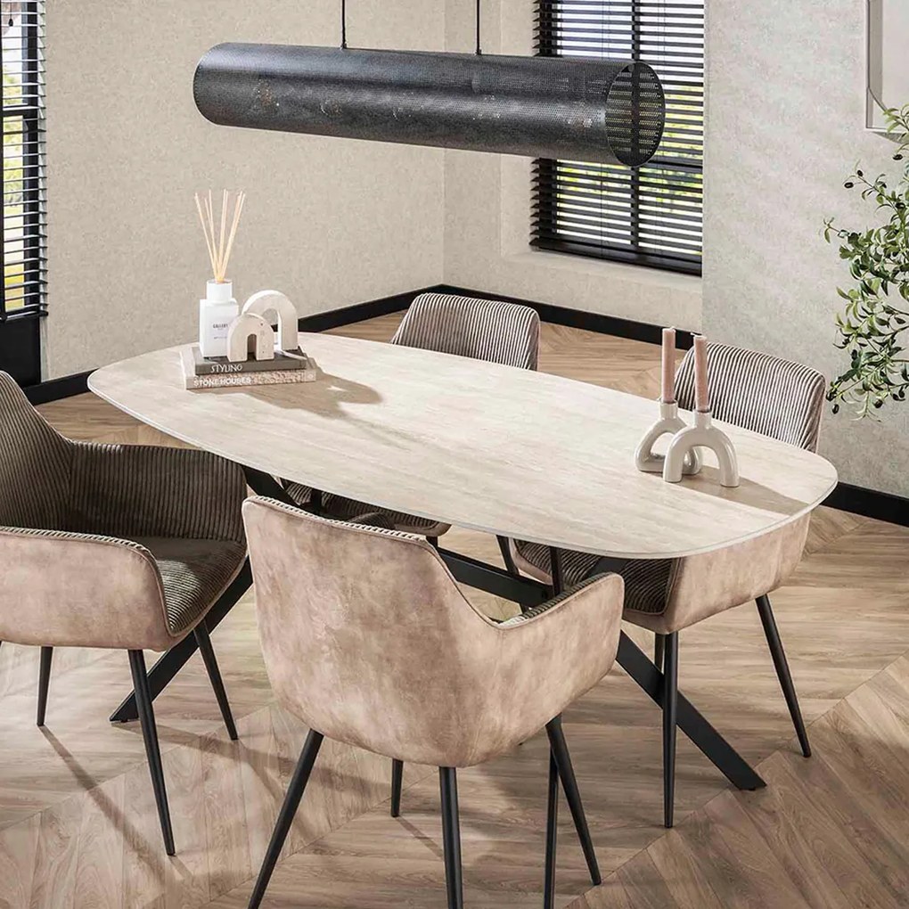 Ovale Eettafel Beige Keramiek Travertin - 180 X 90cm.