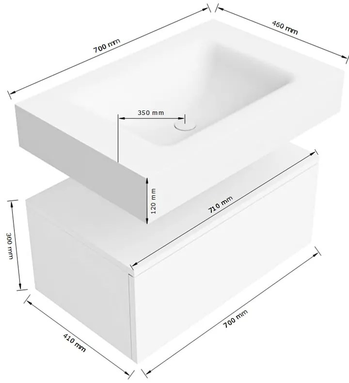 Zaro Alan badmeubel 70cm talc 1 lade met vrijhangende wastafel cloud midden zonder kraangat urban