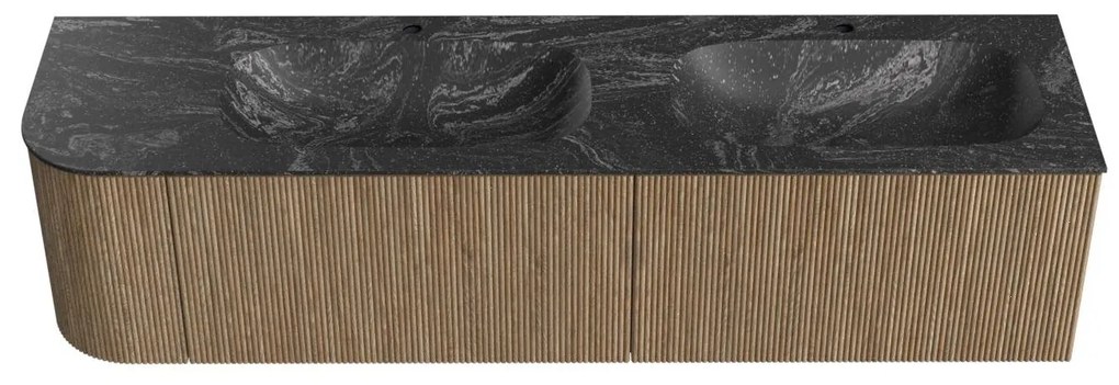 Mondiaz Kurve-dlux 175cm badmeubel ronding links dusk met 2 lades en 1 deur en wastafel stor small dubbel/rechts 2 kraangaten lava