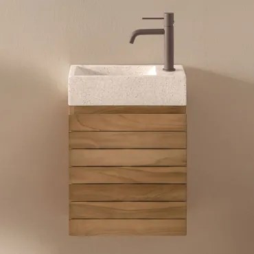 Teakhouten Badkamermeubelset Met Geïntegreerde Wastafel In Napier Cement Teakhout & Spiegelloze & Bruin - Mokka ↑20 Cm - Sklum