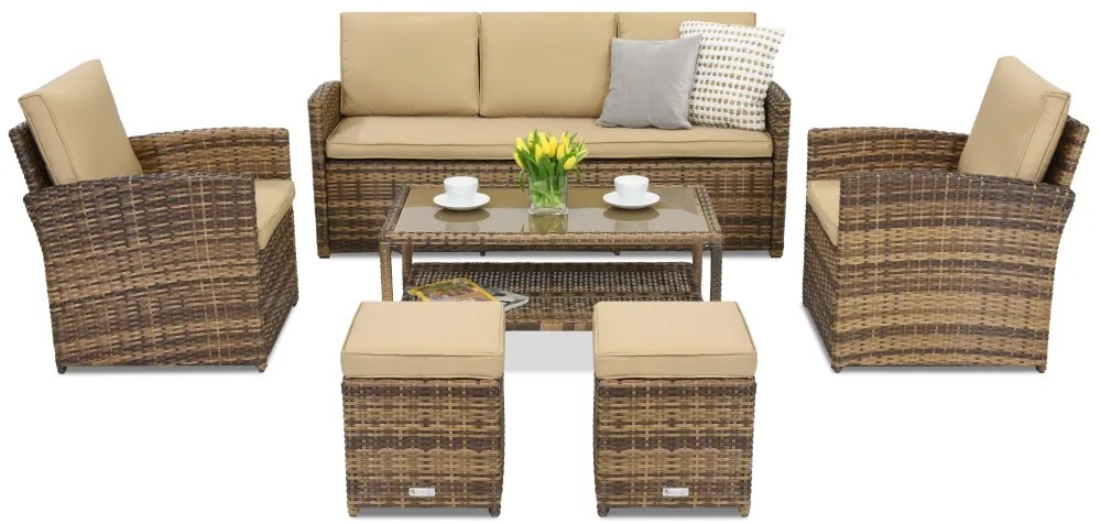 Monaco Coffee 5 tuinmeubelen + 2 Garden Point poefs bruin